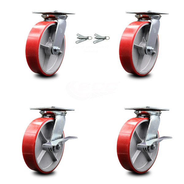 Service Caster 8 Inch Red Poly on Cast Iron Swivel Caster Swivel Locks 2 Brakes SCC, 2PK SCC-35S820-PUB-RS-BSL-2-SLB-2